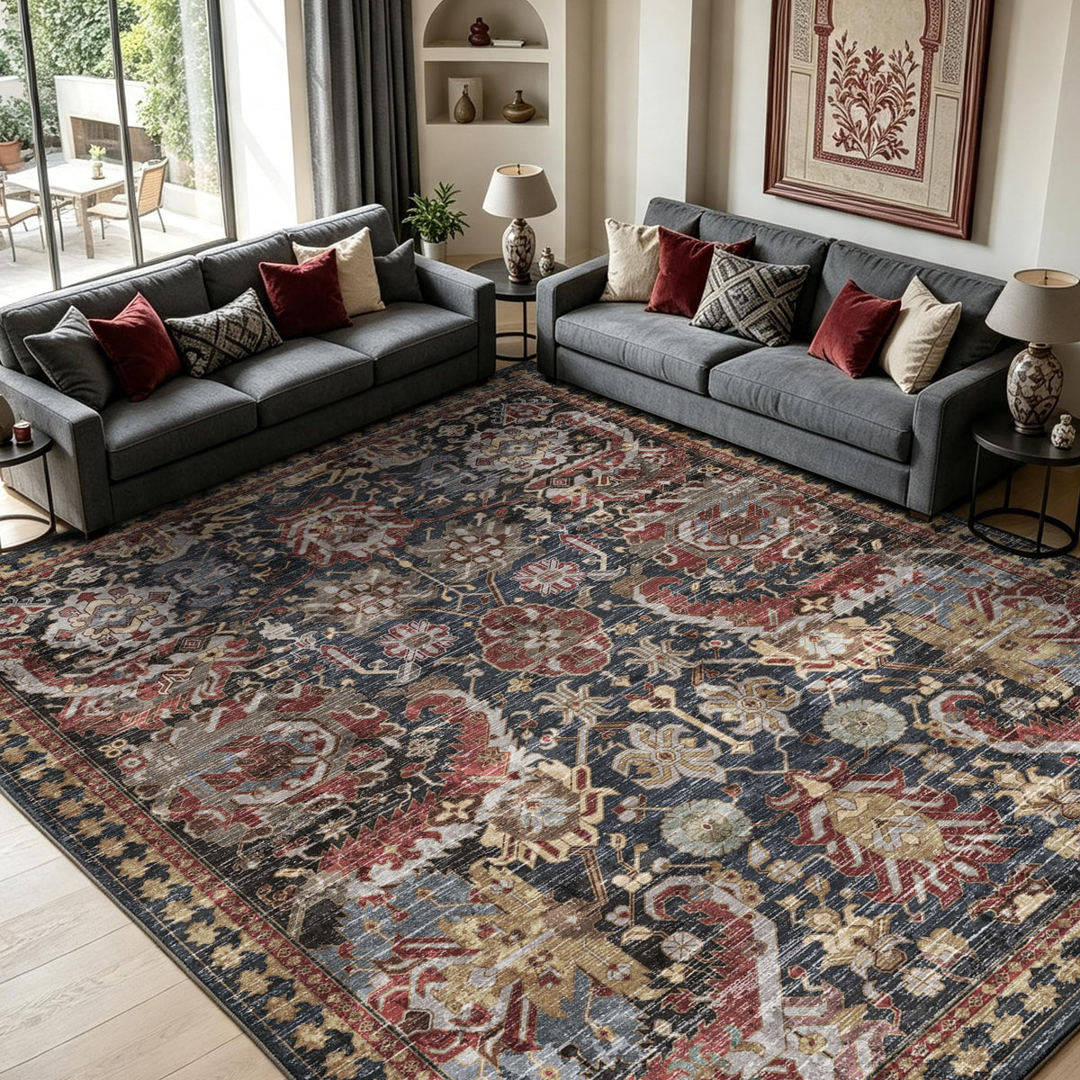 Washable Vintage Tribal Area Rug with Non-Slip Backing