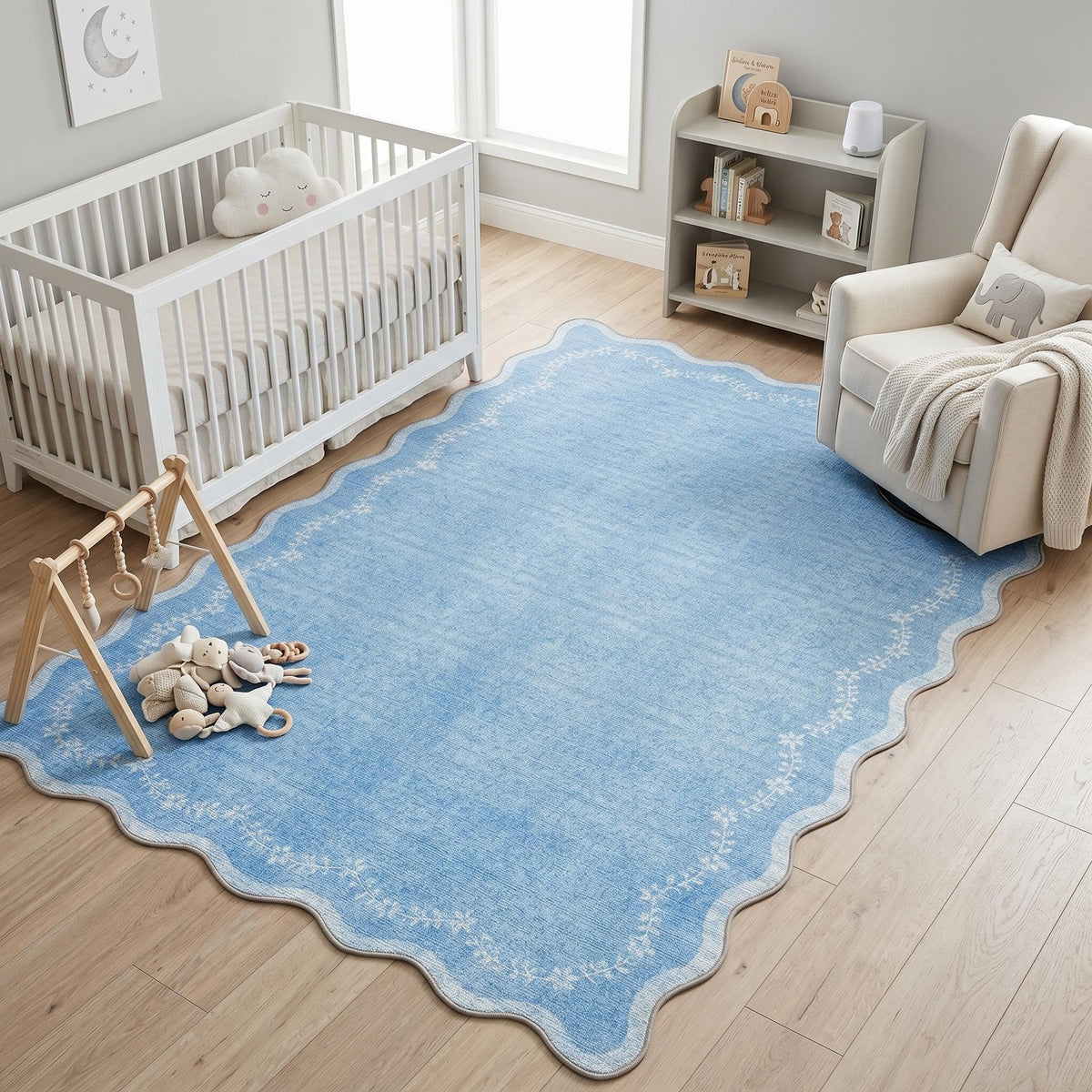 Scalloped Washable Area Rug with Non-Slip Backing