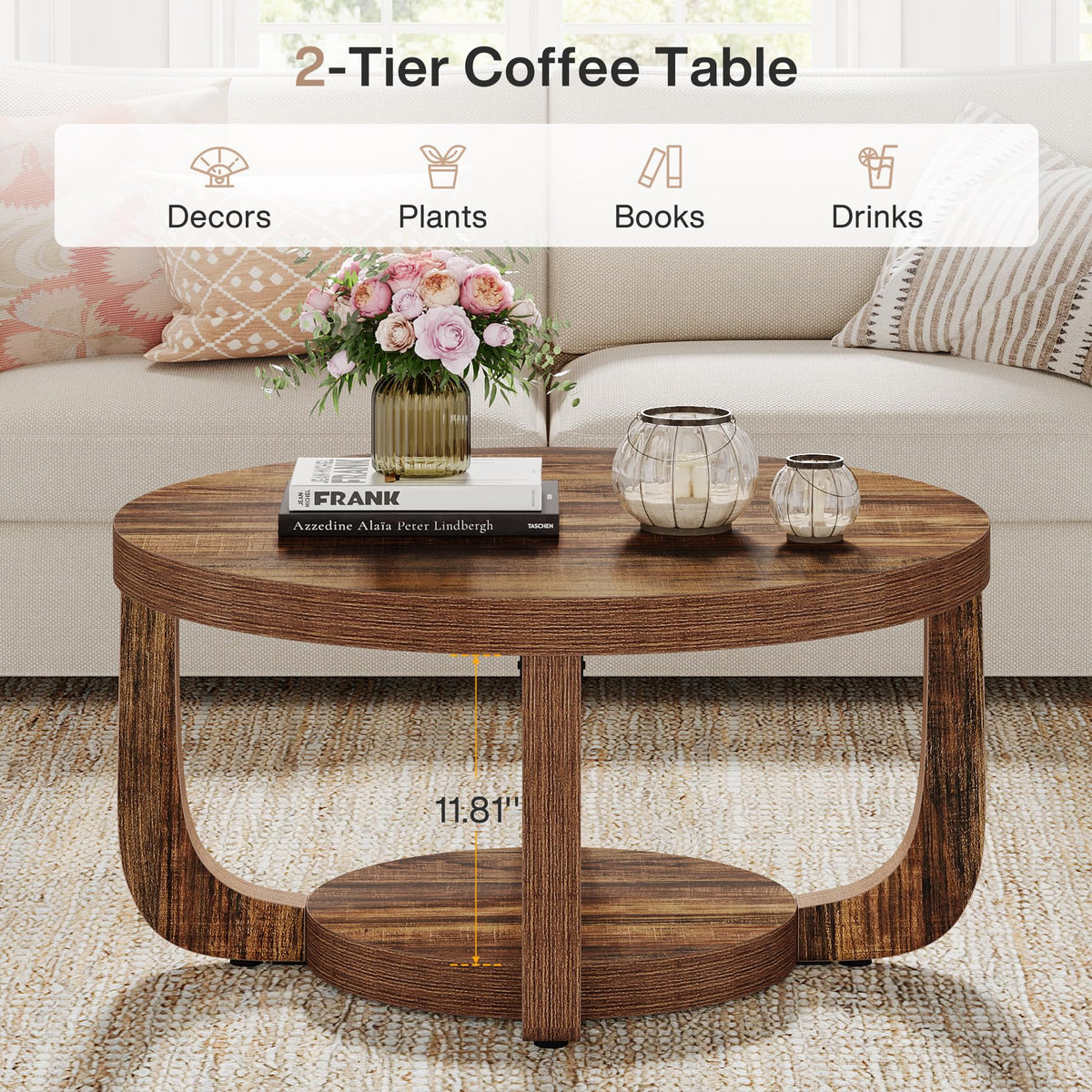 Round Two-Tier Coffee Table with Hidden Storage