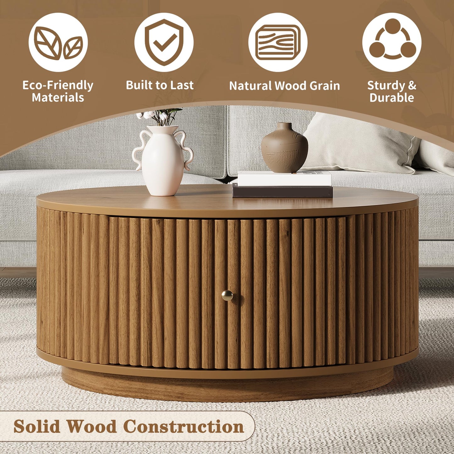 Round Fluted Drum Coffee Table with Hidden Storage