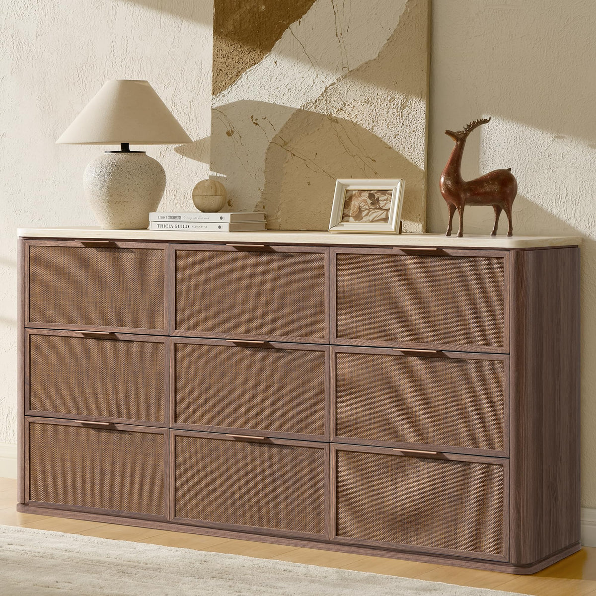 9-Drawer Rattan Dresser with Travertine-Style Top