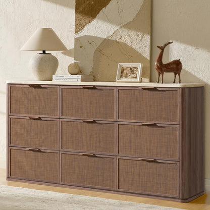 9-Drawer Rattan Dresser with Travertine-Style Top