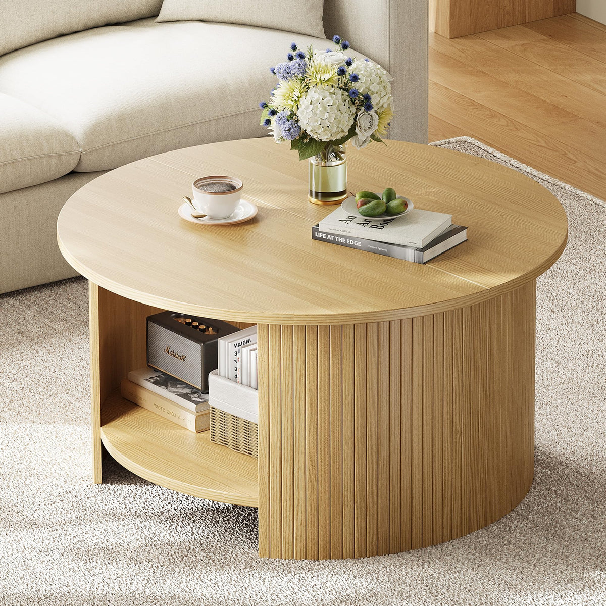 Round Fluted Coffee Table with Two-Tier Storage