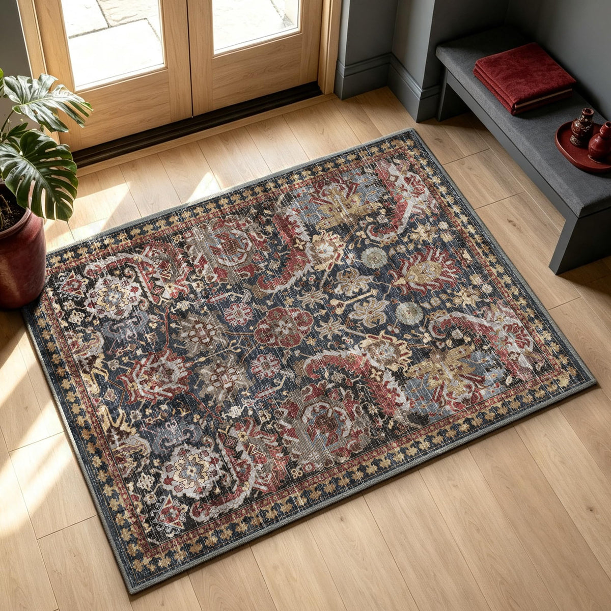 Washable Vintage Tribal Area Rug with Non-Slip Backing