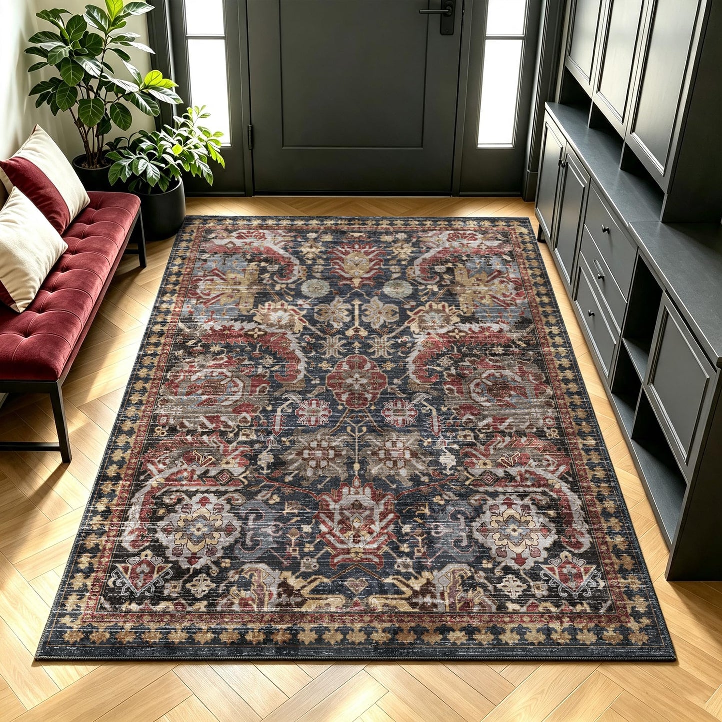 Washable Vintage Tribal Area Rug with Non-Slip Backing