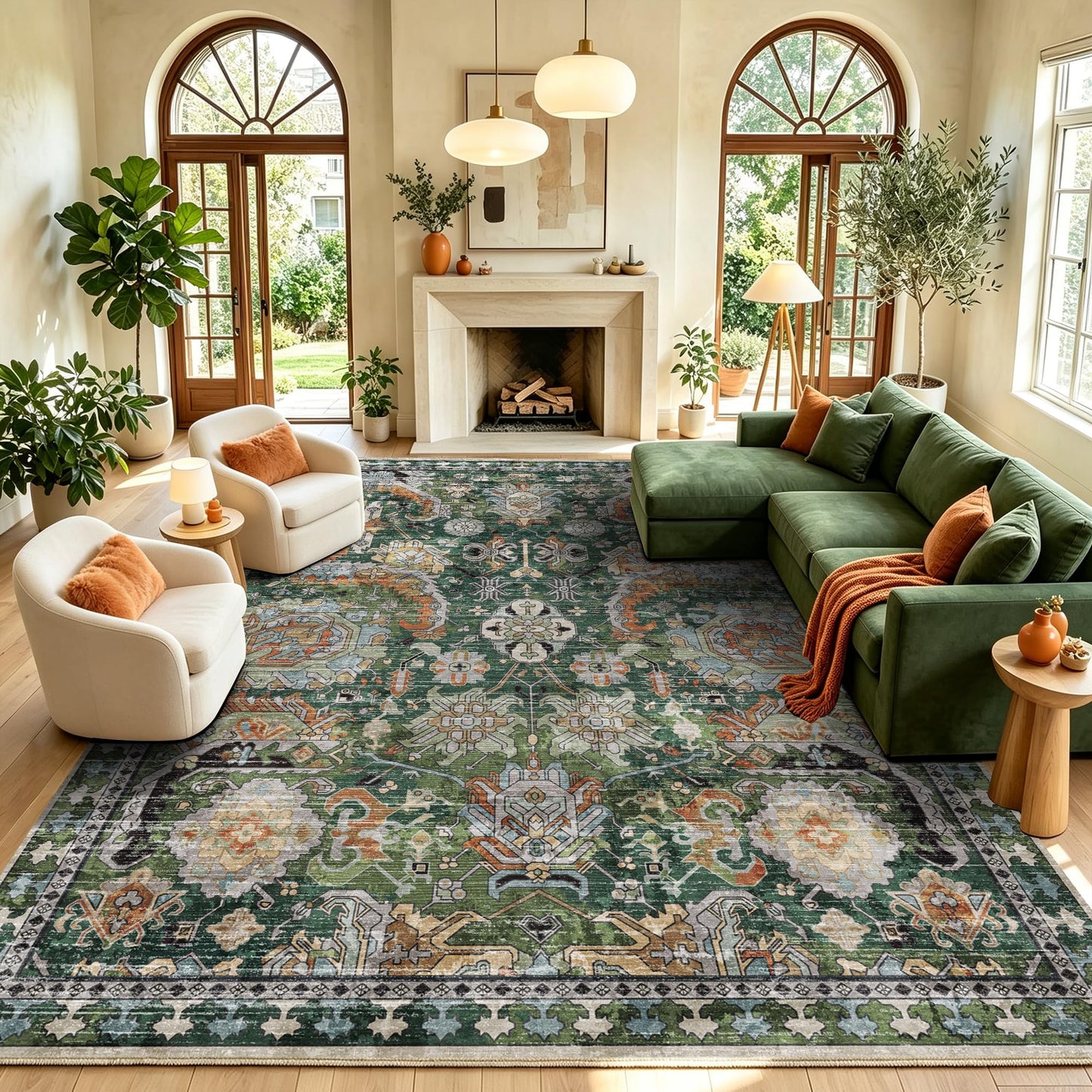 Washable Vintage Tribal Area Rug with Non-Slip Backing