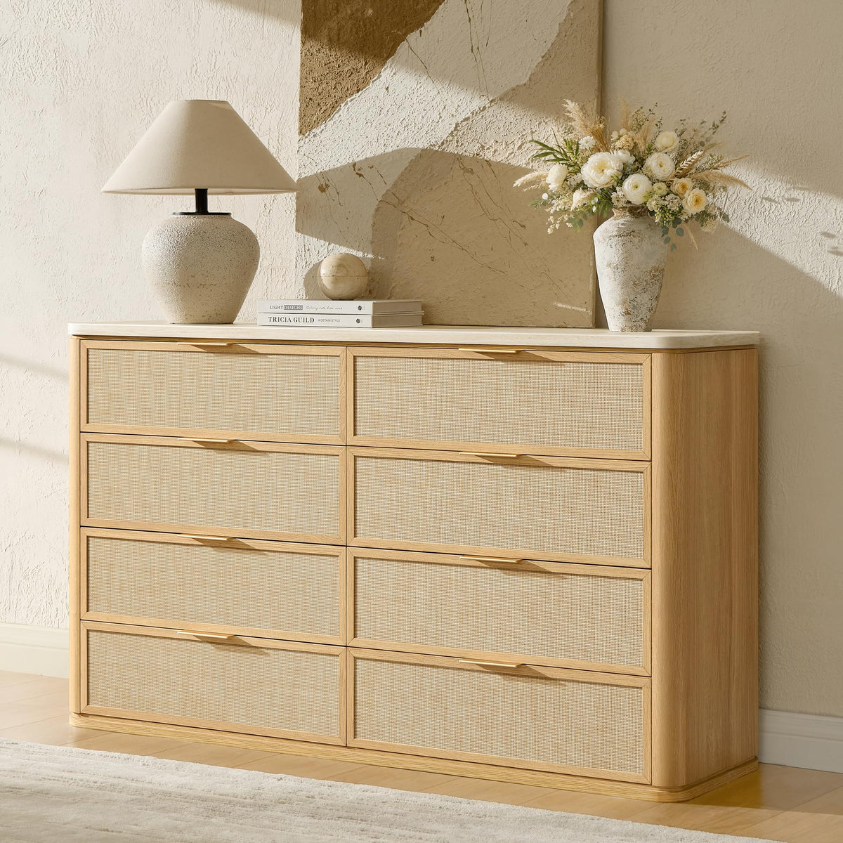 9-Drawer Rattan Dresser with Travertine-Style Top