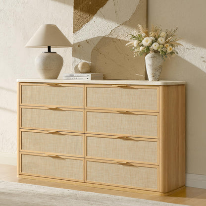 9-Drawer Rattan Dresser with Travertine-Style Top