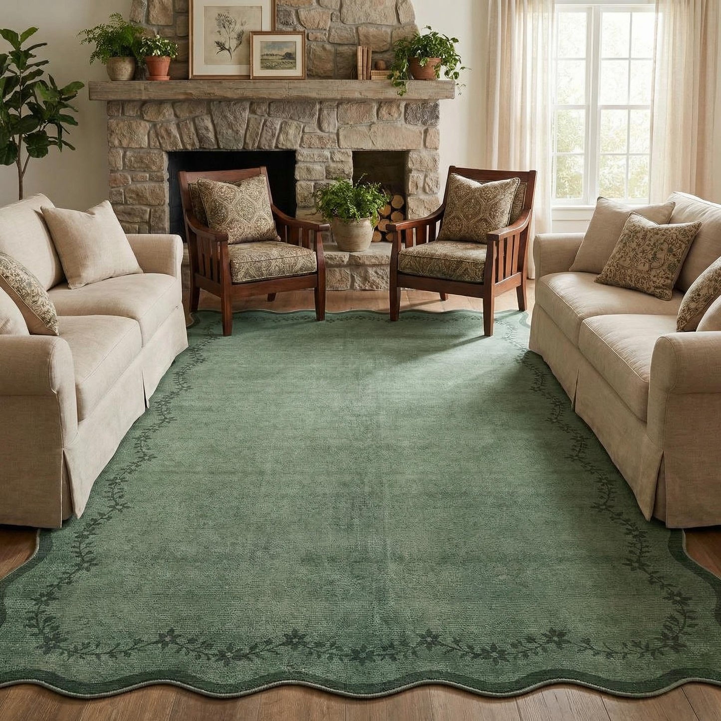 Scalloped Washable Area Rug with Non-Slip Backing
