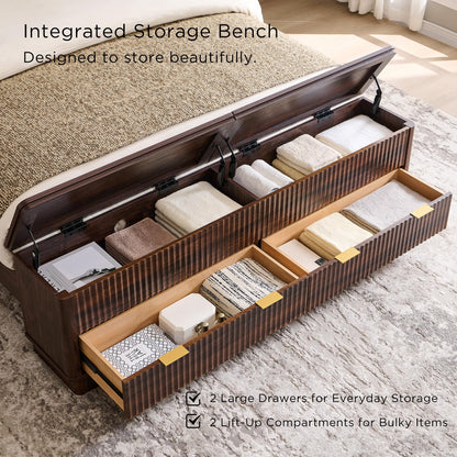 Fluted Platform Bed with Wingback Storage Headboard