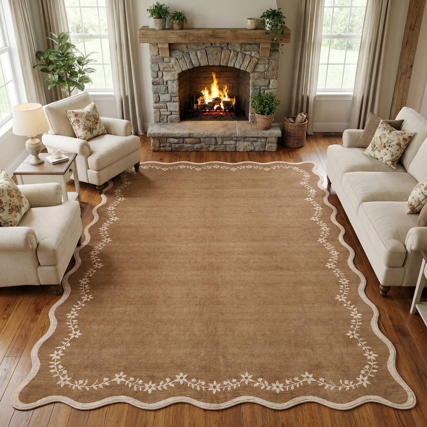 Scalloped Washable Area Rug with Non-Slip Backing