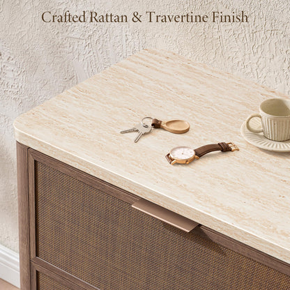 9-Drawer Rattan Dresser with Travertine-Style Top