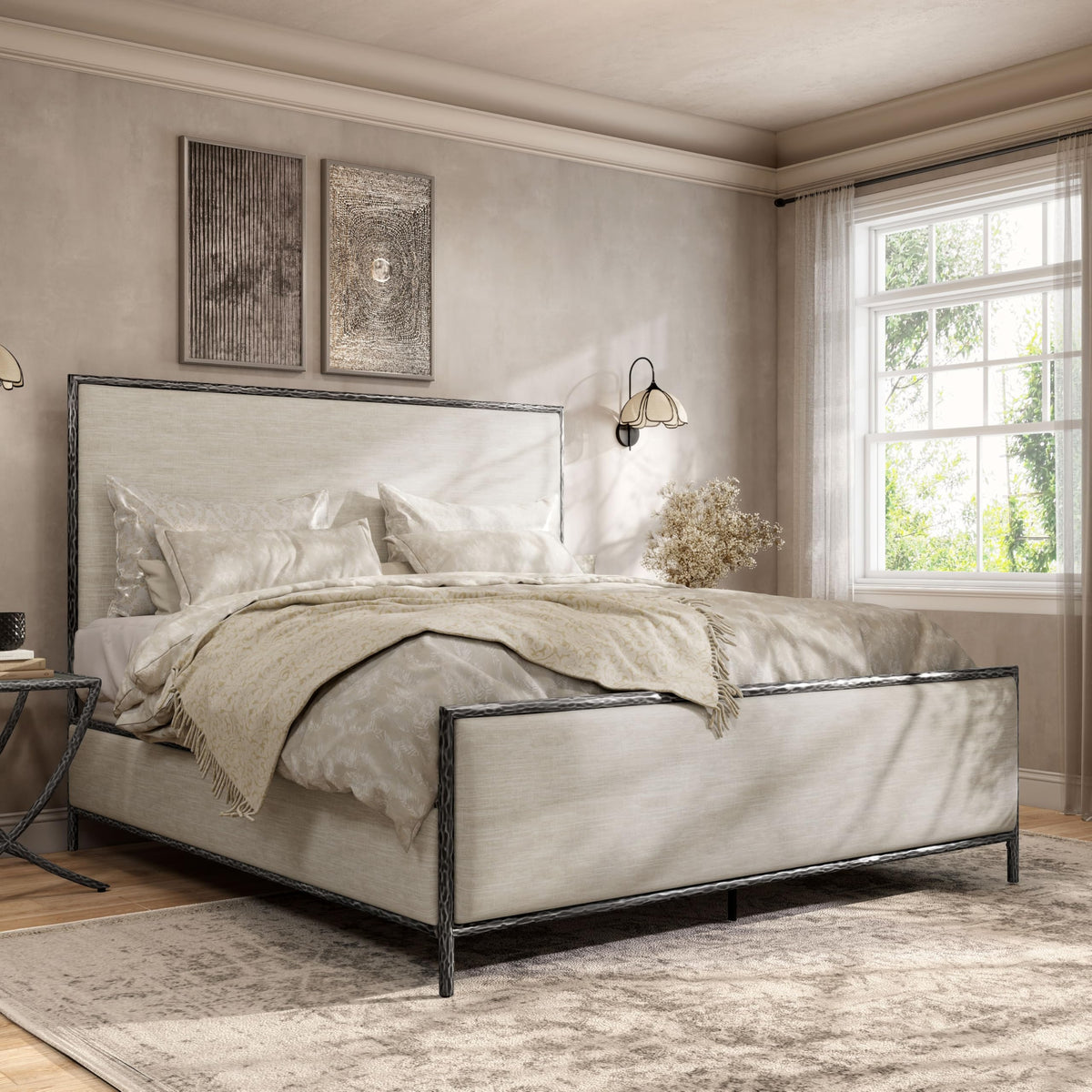 Hammered Metal Bed with Beige Upholstered Headboard