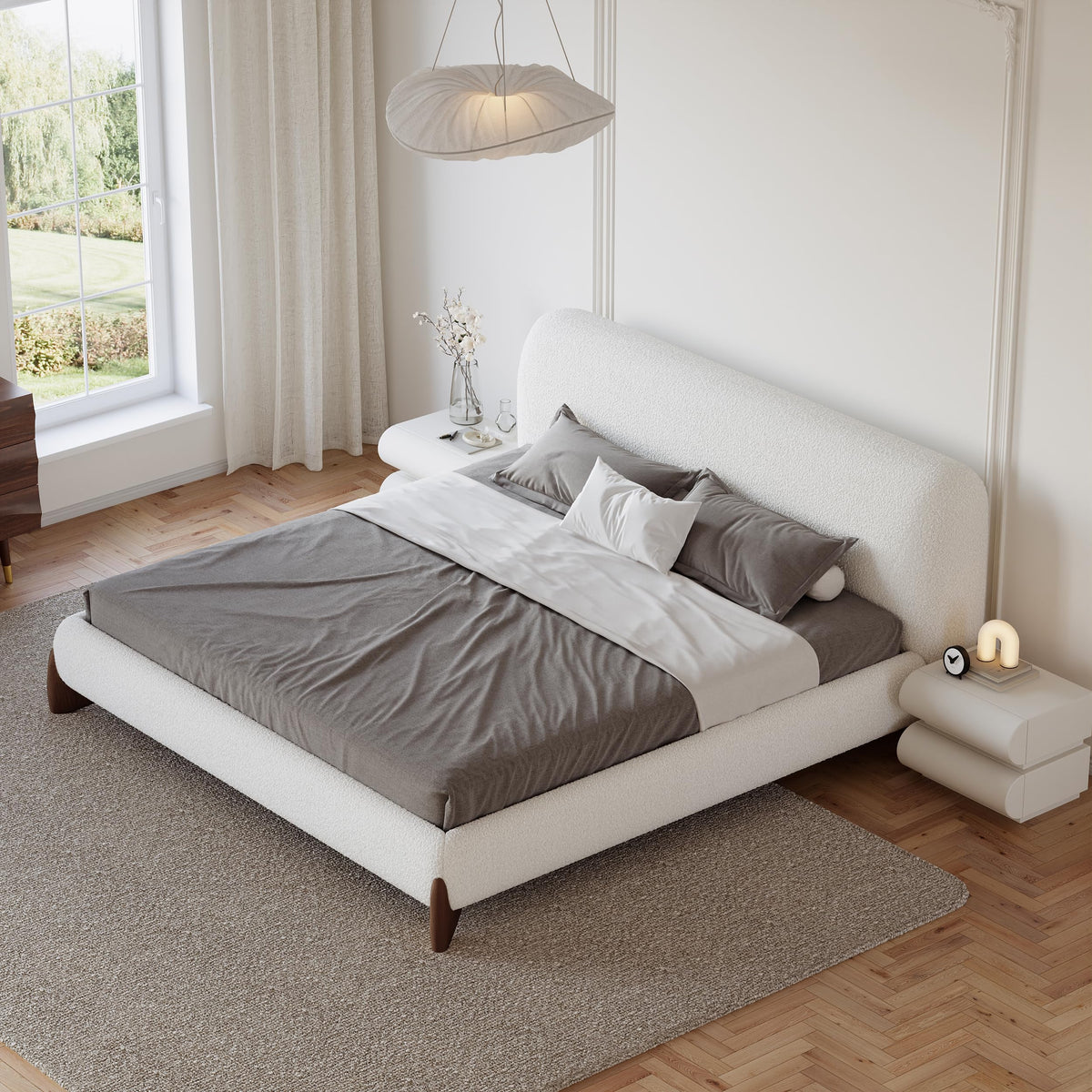 Curved Upholstered Platform Bed with Linen Headboard