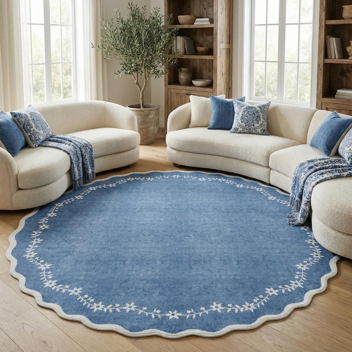 Scalloped Washable Area Rug with Non-Slip Backing