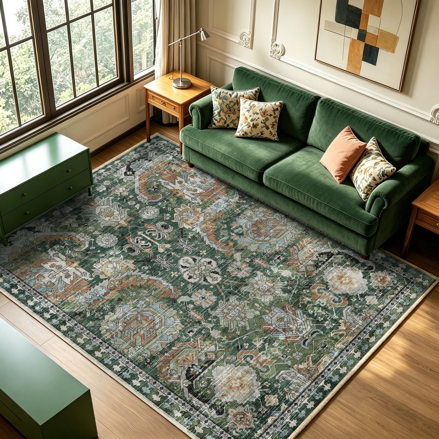 Washable Vintage Tribal Area Rug with Non-Slip Backing