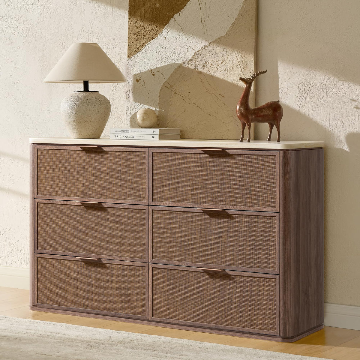 9-Drawer Rattan Dresser with Travertine-Style Top