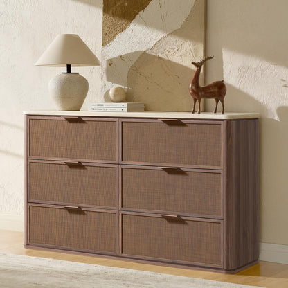 9-Drawer Rattan Dresser with Travertine-Style Top