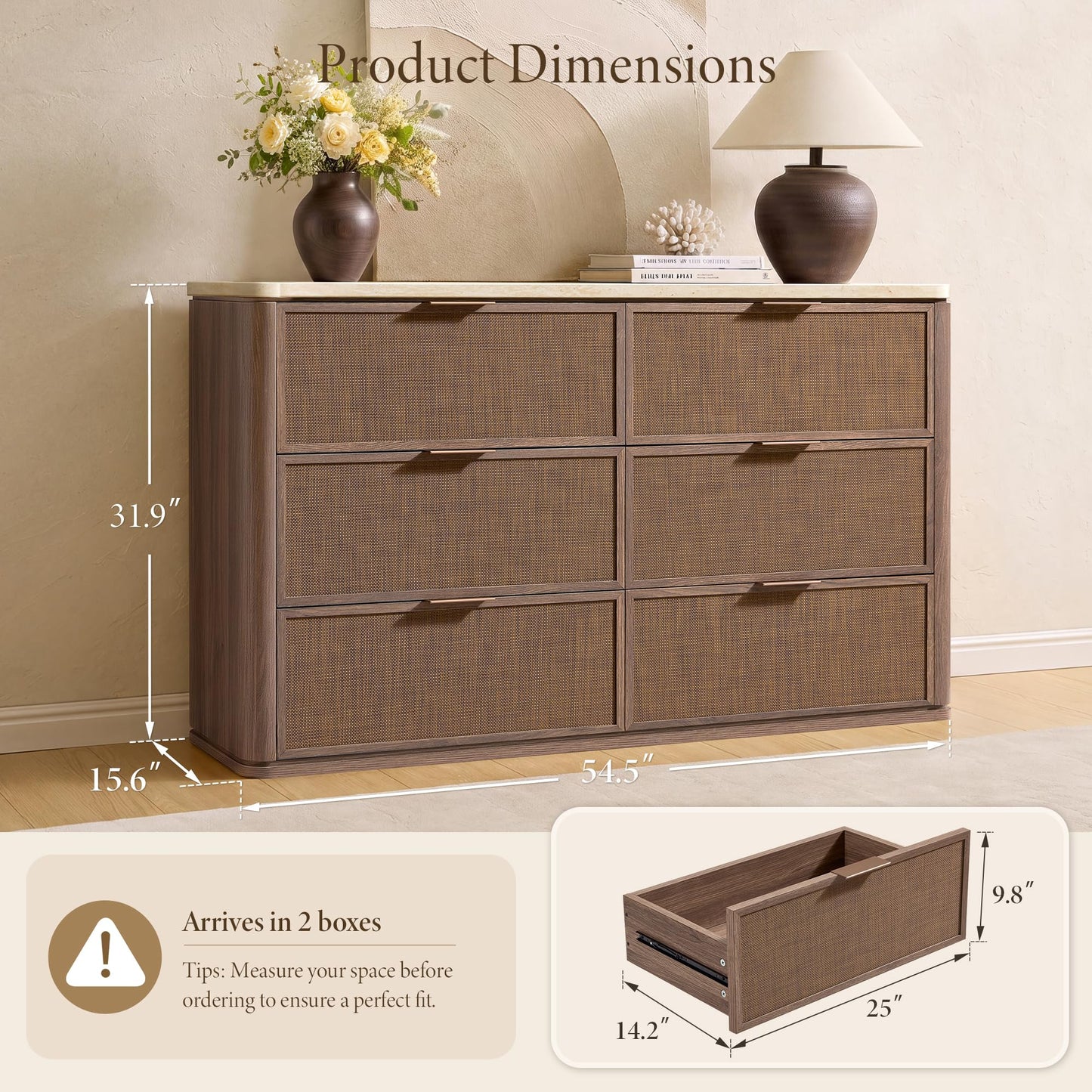 9-Drawer Rattan Dresser with Travertine-Style Top