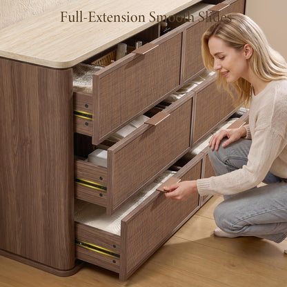 9-Drawer Rattan Dresser with Travertine-Style Top