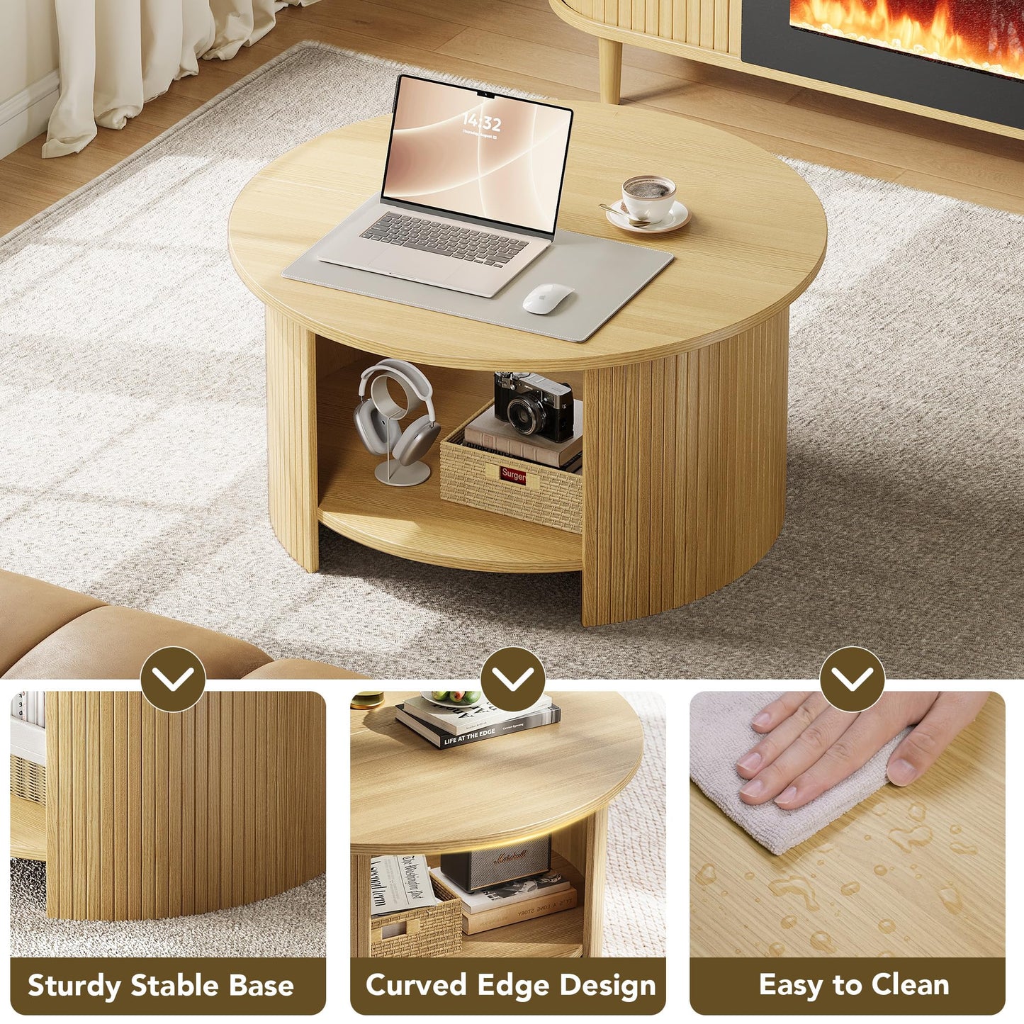 Round Fluted Coffee Table with Two-Tier Storage