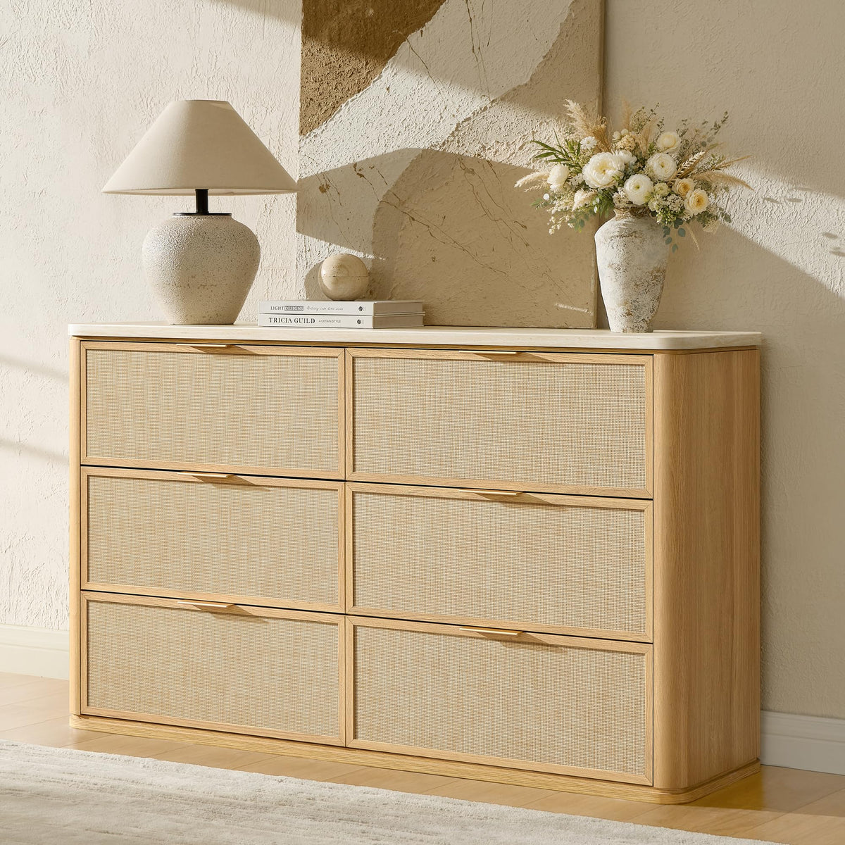 9-Drawer Rattan Dresser with Travertine-Style Top
