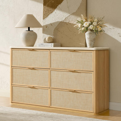 9-Drawer Rattan Dresser with Travertine-Style Top