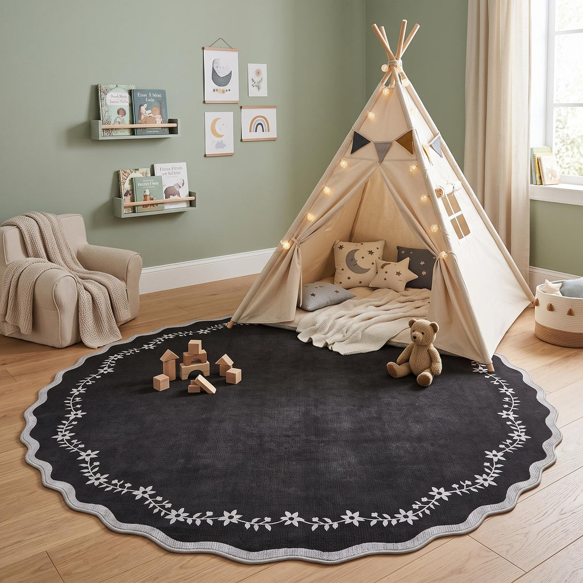 Scalloped Washable Area Rug with Non-Slip Backing