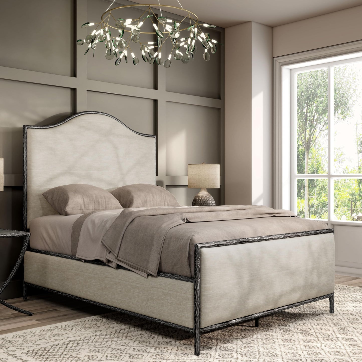 Hammered Metal Bed with Beige Upholstered Headboard