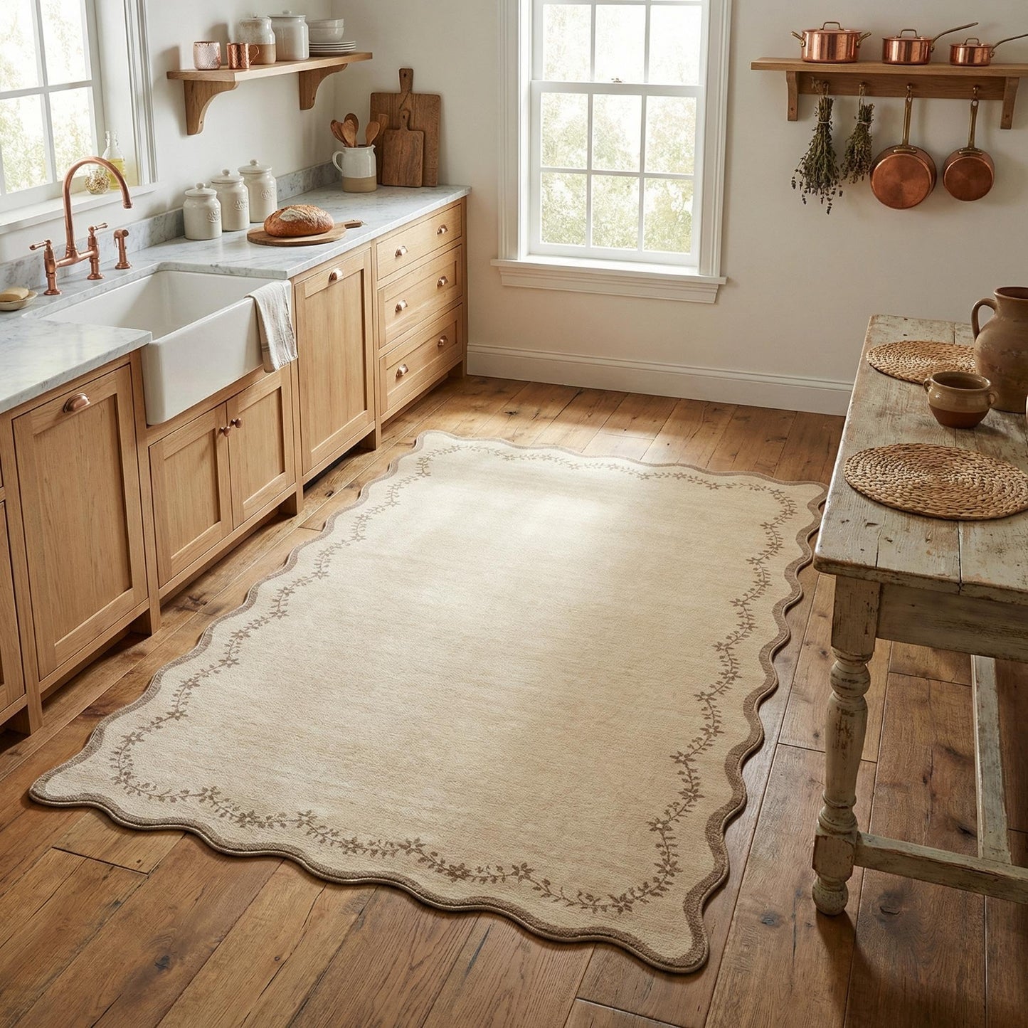 Scalloped Washable Area Rug with Non-Slip Backing