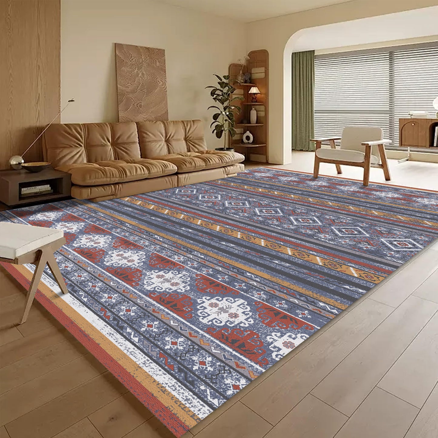 Washable Vintage Tribal Area Rug with Non-Slip Backing