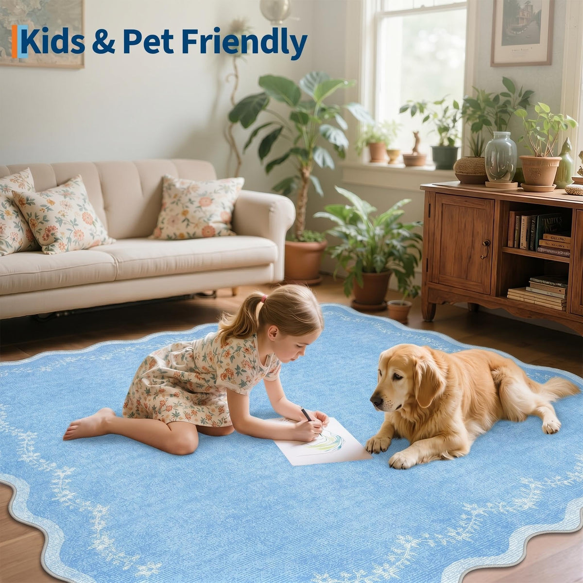 Scalloped Washable Area Rug with Non-Slip Backing