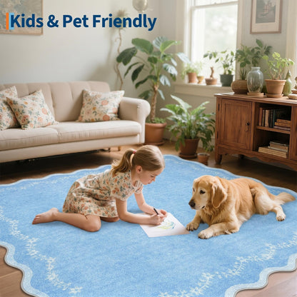 Scalloped Washable Area Rug with Non-Slip Backing