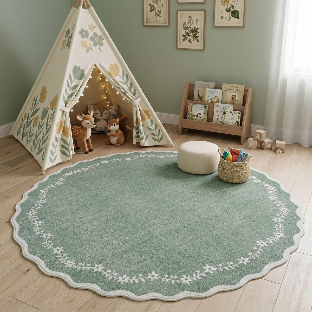 Scalloped Washable Area Rug with Non-Slip Backing