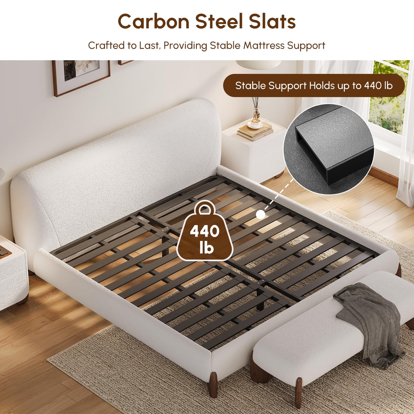 Curved Upholstered Platform Bed with Linen Headboard
