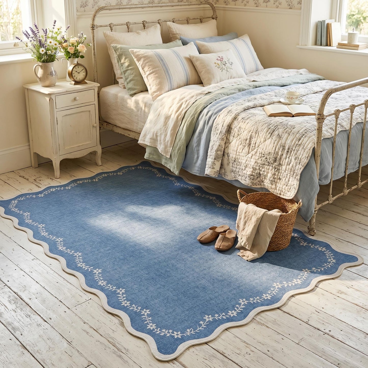 Scalloped Washable Area Rug with Non-Slip Backing