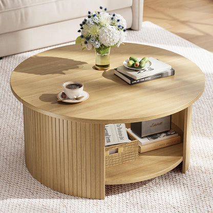 Round Fluted Coffee Table with Two-Tier Storage