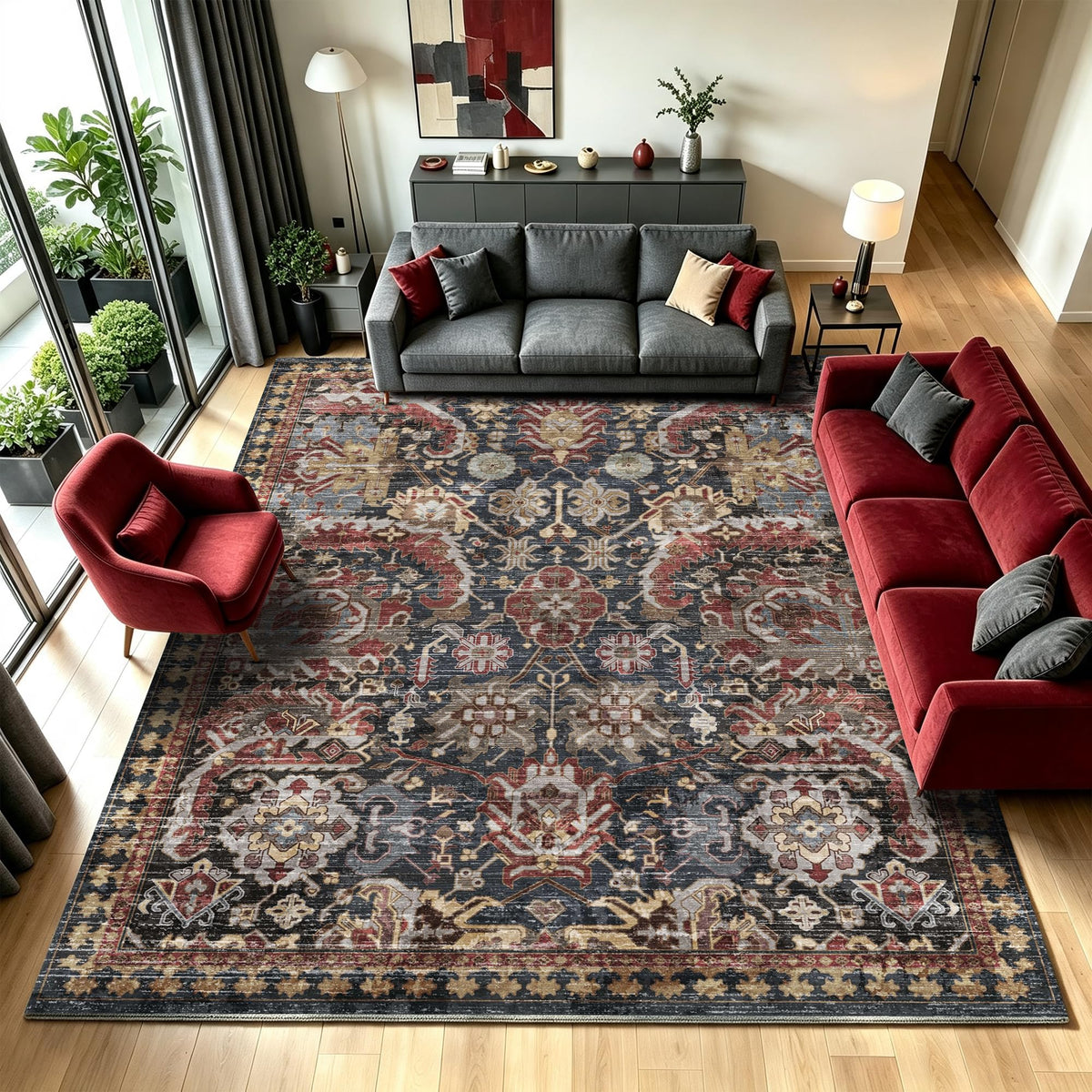 Washable Vintage Tribal Area Rug with Non-Slip Backing
