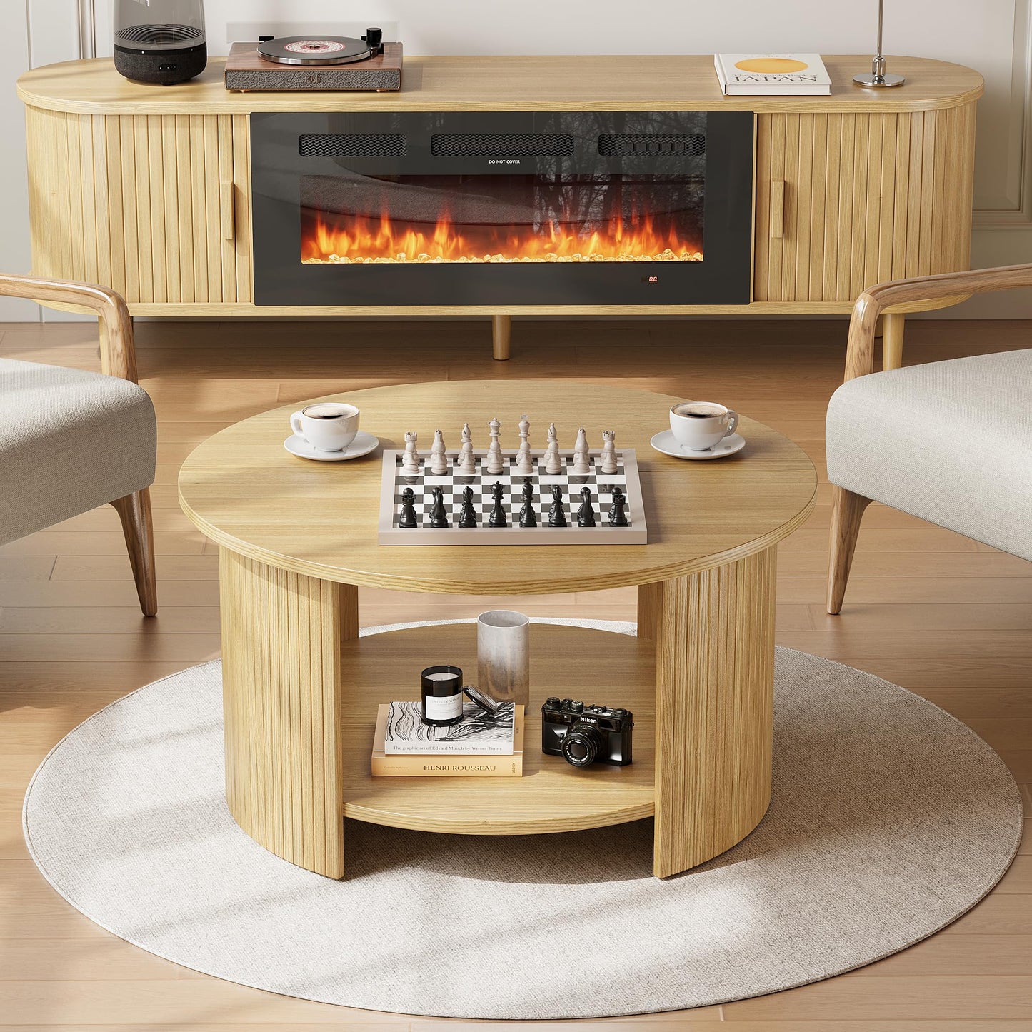Round Fluted Coffee Table with Two-Tier Storage