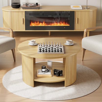 Round Fluted Coffee Table with Two-Tier Storage
