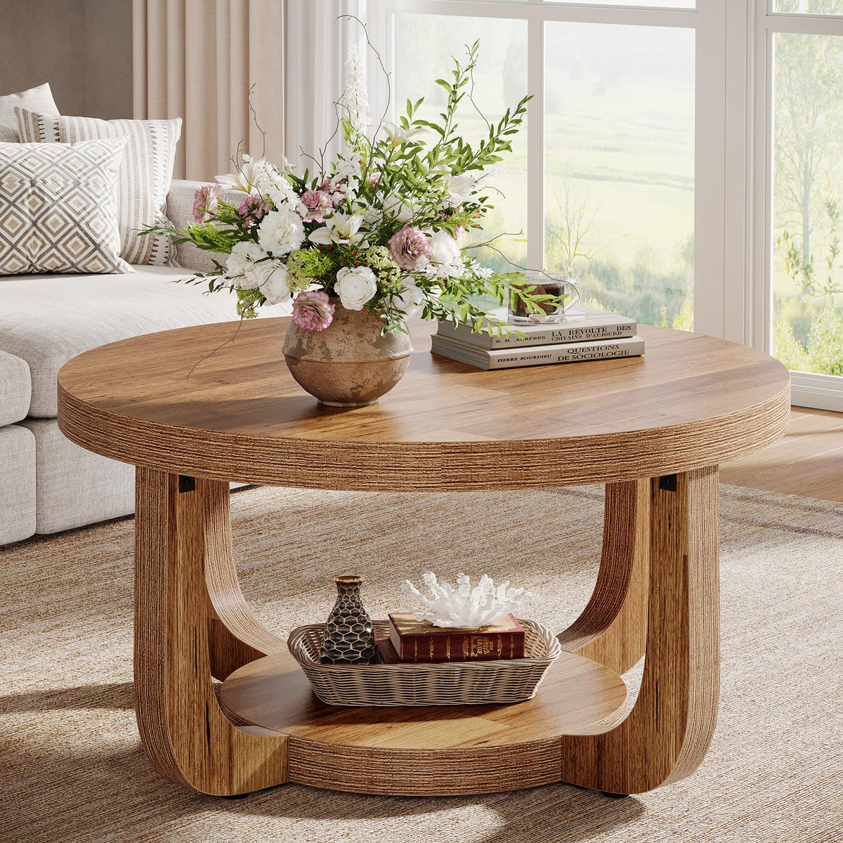 Round Two-Tier Coffee Table with Hidden Storage