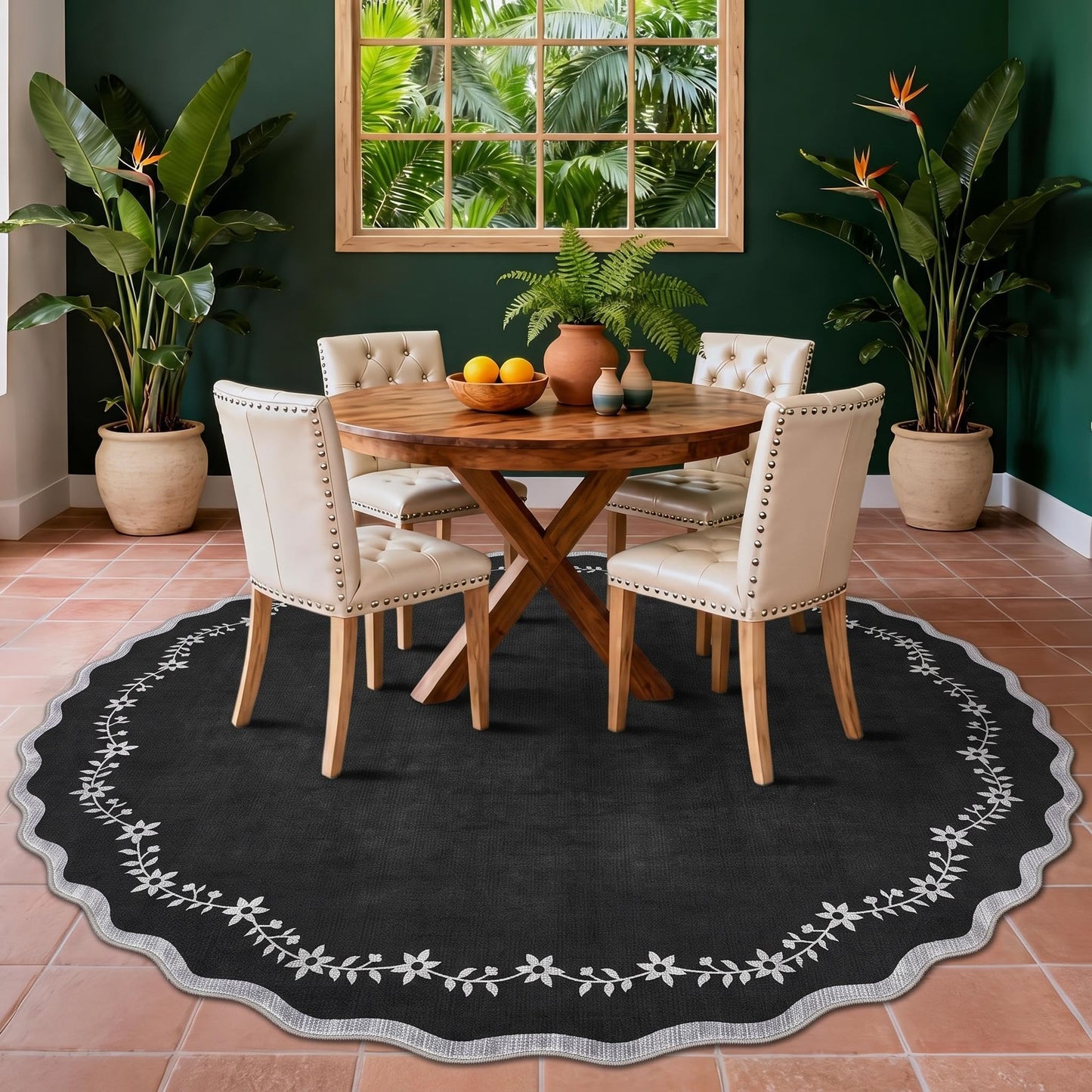 Scalloped Washable Area Rug with Non-Slip Backing