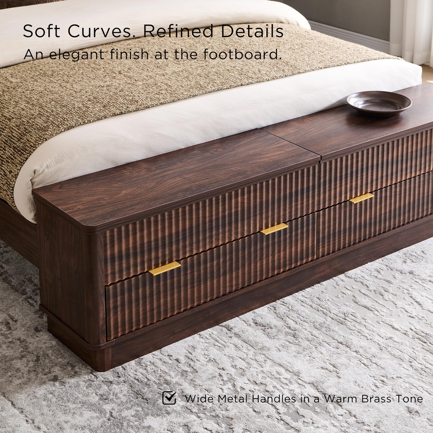 Fluted Platform Bed with Wingback Storage Headboard