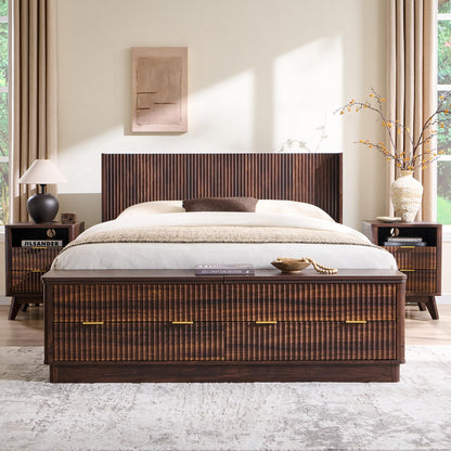 Fluted Platform Bed with Wingback Storage Headboard