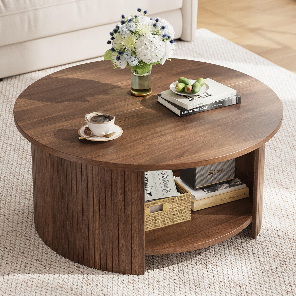 Round Fluted Coffee Table with Two-Tier Storage