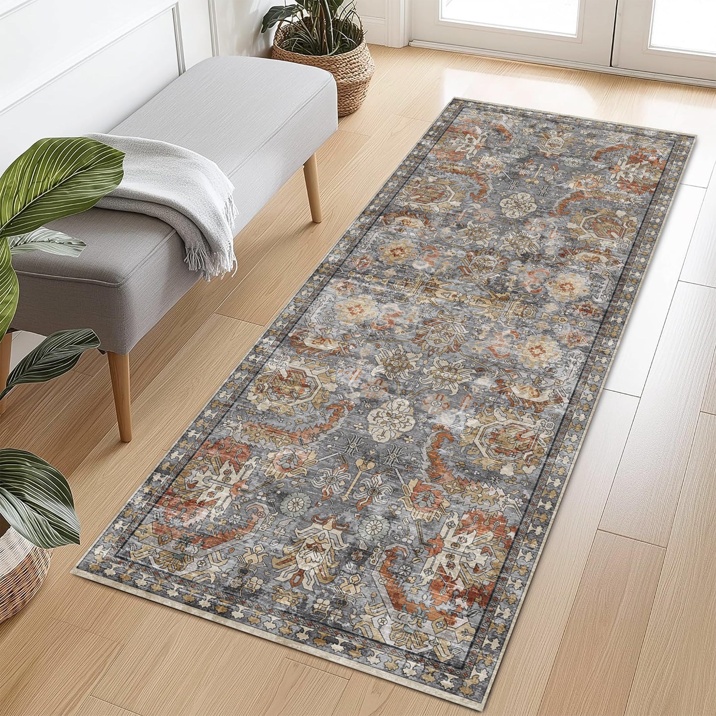 Washable Vintage Tribal Area Rug with Non-Slip Backing