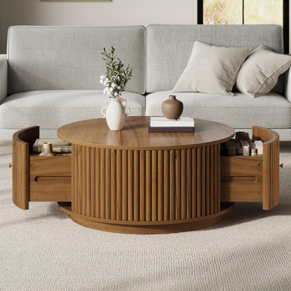Round Fluted Drum Coffee Table with Hidden Storage