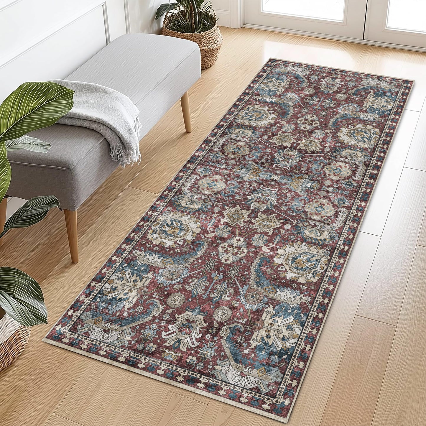 Washable Vintage Tribal Area Rug with Non-Slip Backing
