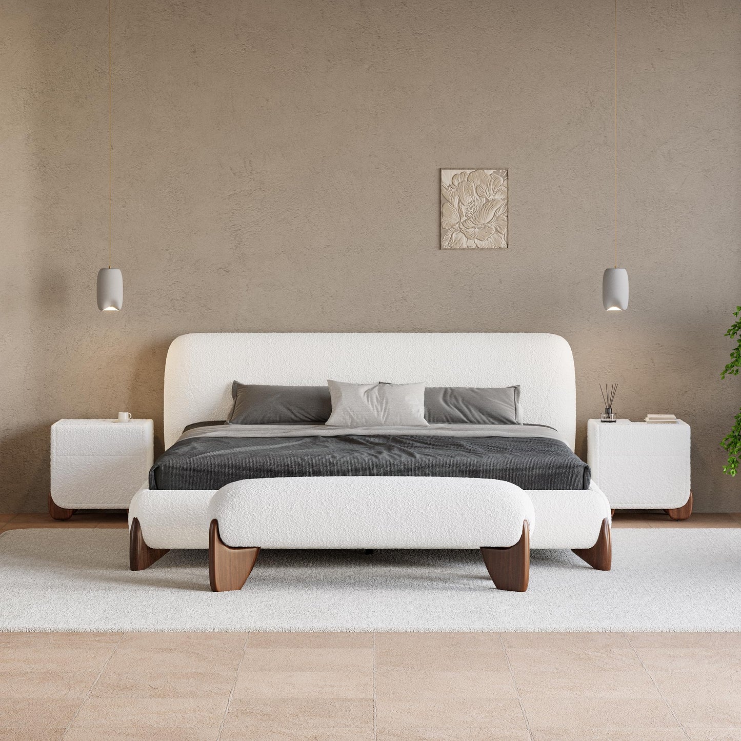 Curved Upholstered Platform Bed with Linen Headboard