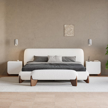 Curved Upholstered Platform Bed with Linen Headboard
